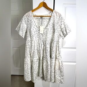 A New Day Women's Short Sleeve Tiered Babydoll Dress Cream & Black 100% Cotton L